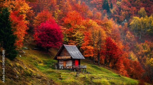 A vibrant autumn hillside covered in trees with bright red and orange foliage, with a small wooden cabin nestled among them