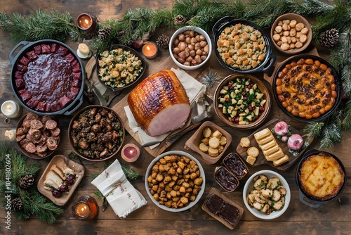 Top-down view of holiday feast on rustic wooden table with glazed ham, stuffing, roasted vegetables, and festive decor