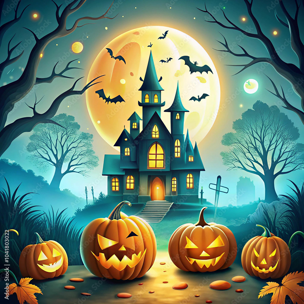 Fototapeta premium Halloween festive background featuring pumpkins, candy corn, ghost, cauldron, and black candy canes arranged on a black surface