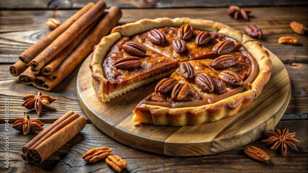 A slice of pecan pie with a flaky crust and sweet filling, on a wooden board with cinnamon sticks and star anise