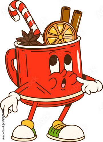 Cartoon groovy Christmas eggnog character. Isolated vector cute red cup with curious face, filled with eggnog drink, candy cane, orange slice, star spice and festive decorations, ready for holiday fun