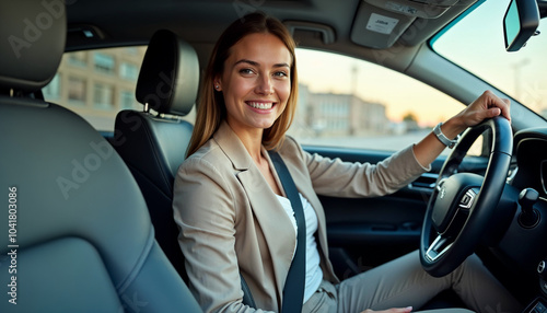 Businesswoman fastening seat belt smiling before driving
