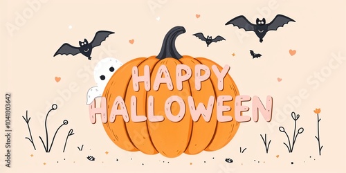 Playful Halloween illustration featuring a large orange pumpkin, friendly ghost, and flying bats with Happy Halloween text on pastel background.