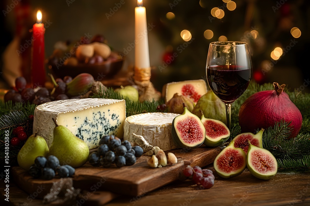 Rustic Christmas table setting with fine cheeses, fresh fruits, candles, and pine branches on a wooden table Rustic Christmas table setting with fine cheeses, fresh fruits, candles, and pine branches on a wooden table