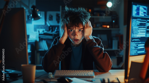 A teenager looking frustrated while working on a computer, messy desk, low light with a focus on the face, expressive hands holding the head, showing feelings of overwhelm and stress