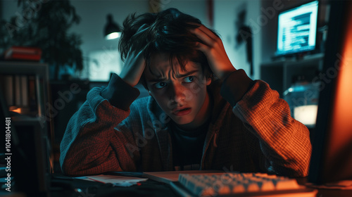 A teenager looking frustrated while working on a computer, messy desk, low light with a focus on the face, expressive hands holding the head, showing feelings of overwhelm and stress