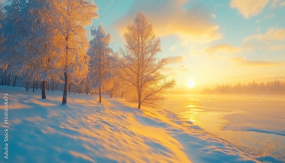 Golden sunrise illuminates snow-covered trees by a frozen lake in winter wonderland Golden sunrise illuminates snow-covered trees by a frozen lake in winter wonderland