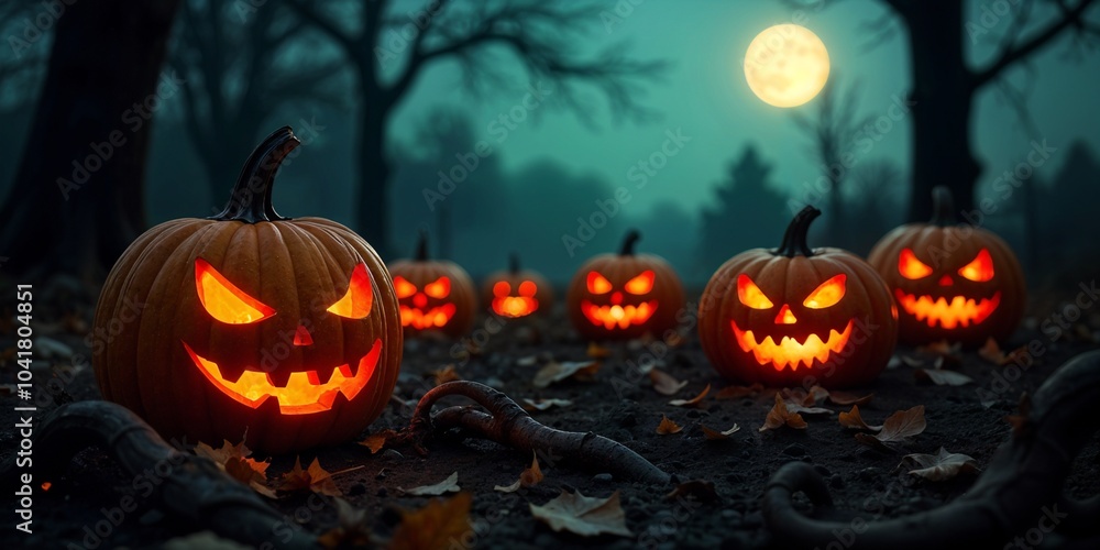 Jack-o'-lanterns Glow Under a Spooky Halloween Moon Jack-o'-lanterns Glow Under a Spooky Halloween Moon