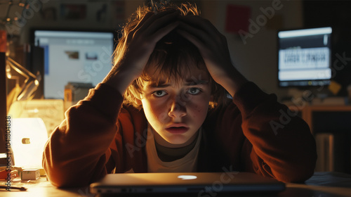 A teenager looking frustrated while working on a computer, messy desk, low light with a focus on the face, expressive hands holding the head, showing feelings of overwhelm and stress
