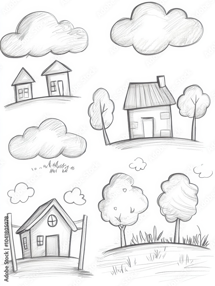A collection of quick pencil sketches featuring clouds, trees, and houses arranged artistically in a playful manner. Generative AI A collection of quick pencil sketches featuring clouds, trees, and houses arranged artistically in a playful manner. Generative AI