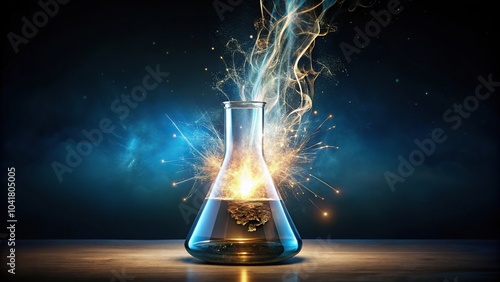 Chemical beaker with electric sparks on dark background