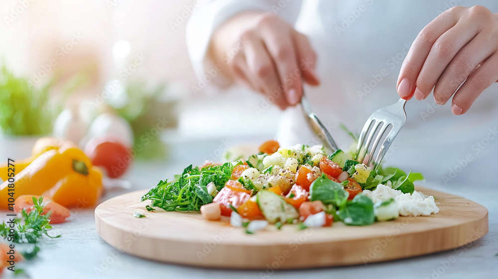 Mature woman cooking health food in kitchen
Mature woman cooking health food in kitchen
