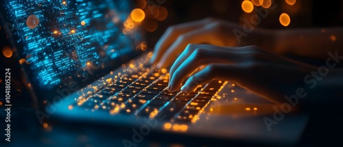 Cybersecurity Concept with Laptop and Digital Overlays in Blue and Orange Hues photo