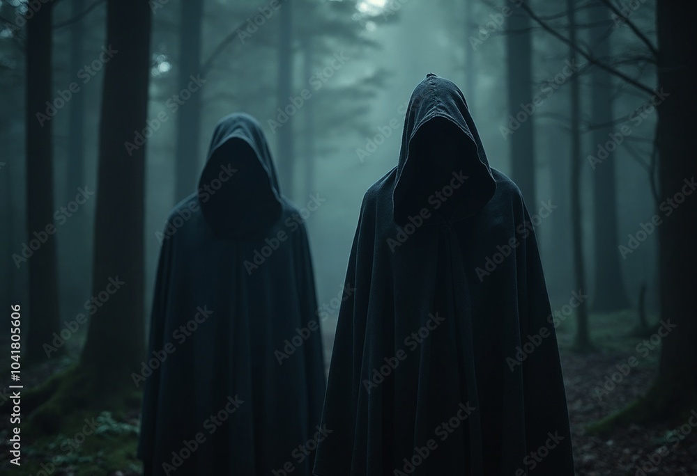Mysterious Hooded Figures in a Dark Forest Mysterious Hooded Figures in a Dark Forest