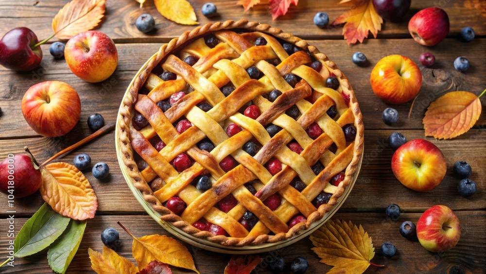 A freshly baked fruit pie with a lattice crust, nestled amongst autumn leaves and juicy apples. A freshly baked fruit pie with a lattice crust, nestled amongst autumn leaves and juicy apples.