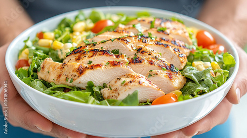  Man Holding Healthy Fitness Meal with Chicken and Fresh Green Salad