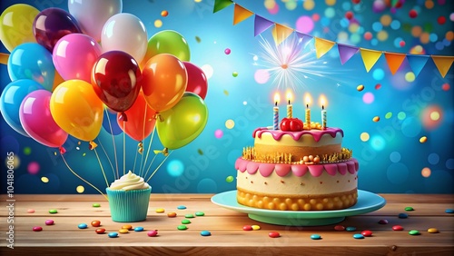 Colorful Happy Birthday Card Design with Balloons and Cake for Celebration