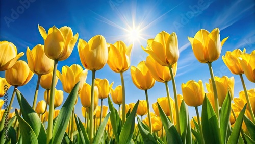 Bright yellow tulips with sun glare on blue sky background #1041806420