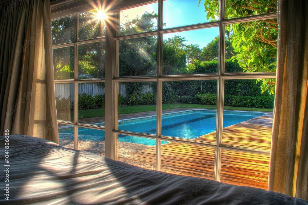 A serene view from a bedroom window showcasing a sunny poolside with lush greenery. A serene view from a bedroom window showcasing a sunny poolside with lush greenery.