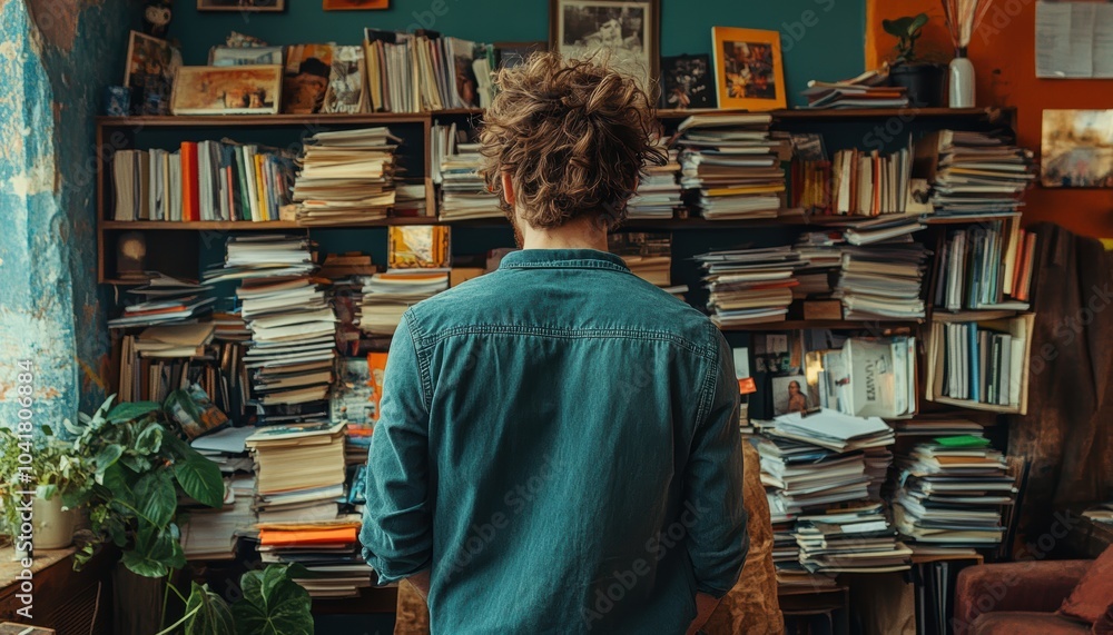 Person browsing through a cluttered bookshelf in a cozy room filled with books Person browsing through a cluttered bookshelf in a cozy room filled with books