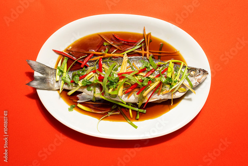 Chinese Lunar New Year festive table. Cantonese-Style recipes  Sea bass or Spigola fish steamed with ginger, red peppers in soy sauce photo