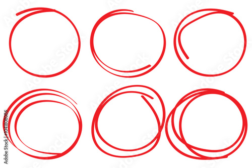 Red circle, pen draw. Highlight hand drawing different circles isolated on background. Handwritten red circle. For marking text, numbers, marker pen, pencil, logo and text check, vector illustration