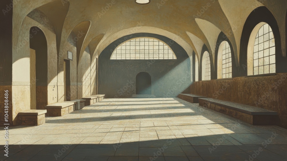 Fototapeta premium Empty gymnasium with stone benches and sunlight filtering through archways casting shadows