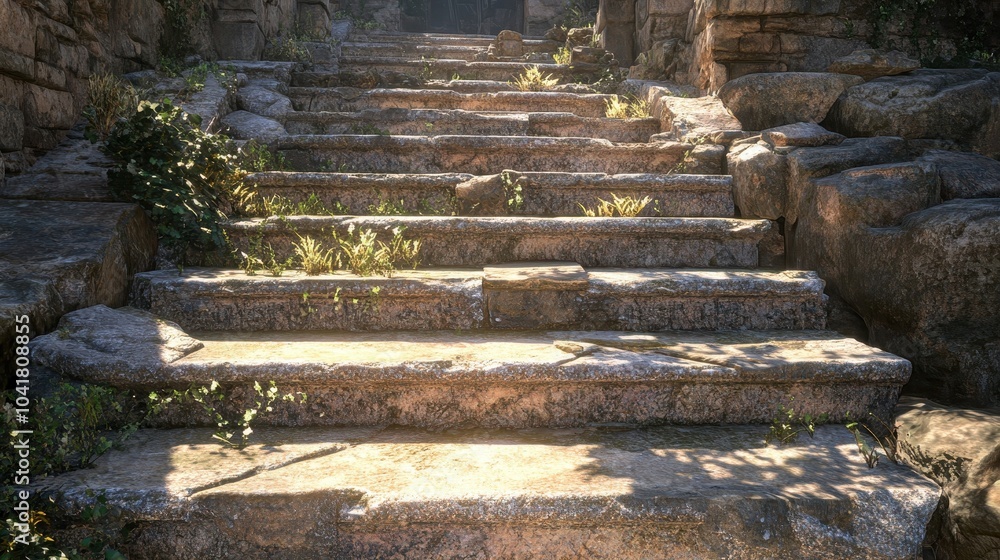 Sunlight illuminates the weathered stone steps of a gymnasium with plants growing in cracks Sunlight illuminates the weathered stone steps of a gymnasium with plants growing in cracks