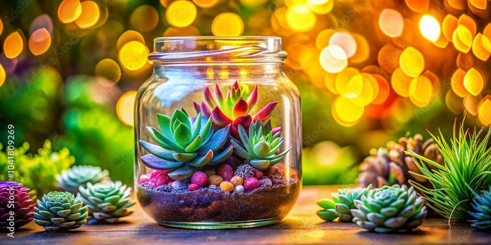 Colorful Succulent Terrarium in Glass Jar with Vibrant Background and Decorative Plants for Home Decor Inspiration Colorful Succulent Terrarium in Glass Jar with Vibrant Background and Decorative Plants for Home Decor Inspiration