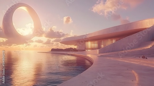 A futuristic architectural design by the water, featuring a unique ring structure soaring above a modern building at sunset.