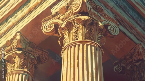 Fluted column with acanthus capital in a gymnasium softly lit by sunlight and casting shadows photo