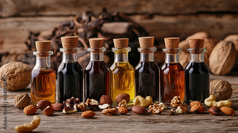 A collection of various small glass bottles filled with colorful oils, surrounded by nuts on a rustic wooden surface. A collection of various small glass bottles filled with colorful oils, surrounded by nuts on a rustic wooden surface.