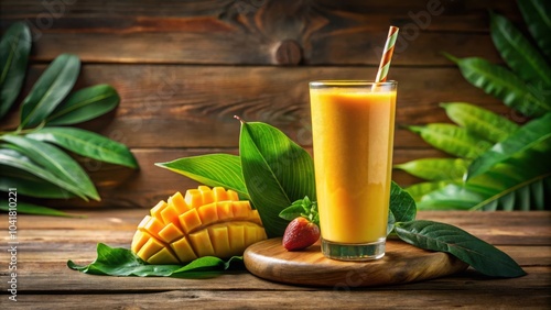 A refreshing mango smoothie with a straw in a tall glass on a wooden table surrounded by lush green leaves and a slice of mango