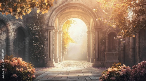 Carved archway into a gymnasium surrounded by vines with sunlight highlighting the details photo