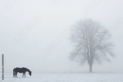 A horse is grazing in a field with a tree in the background