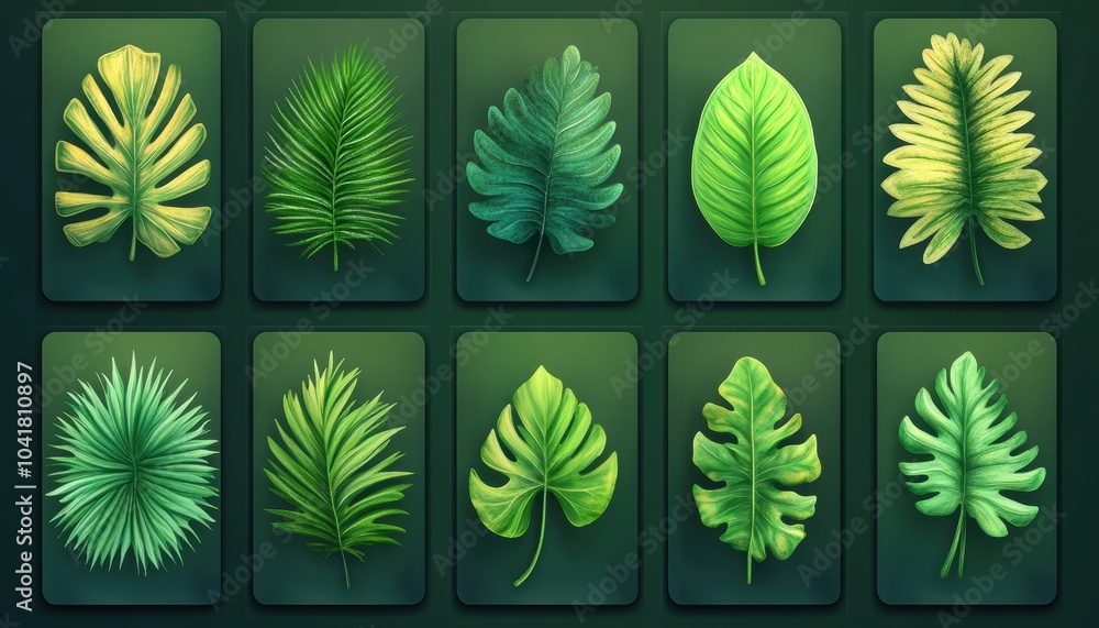 A collection of tropical leaves displayed on a dark green background A collection of tropical leaves displayed on a dark green background