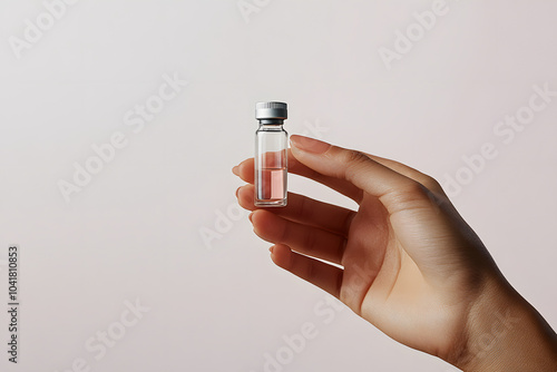 An elegant female hand holding a medical vial against a plain background
