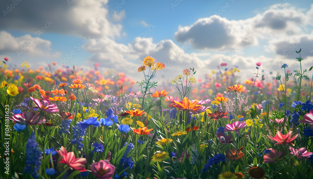 A vibrant field of wildflowers in various colors under a blue sky with fluffy clouds, creating a serene and cheerful atmosphere. A vibrant field of wildflowers in various colors under a blue sky with fluffy clouds, creating a serene and cheerful atmosphere.