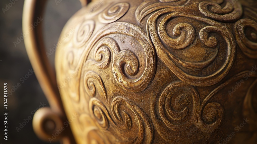Greek amphora handle with twisted motifs illuminated by soft directional light Greek amphora handle with twisted motifs illuminated by soft directional light