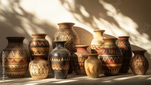 Greek pottery pieces with unique geometric patterns illuminated by gentle light