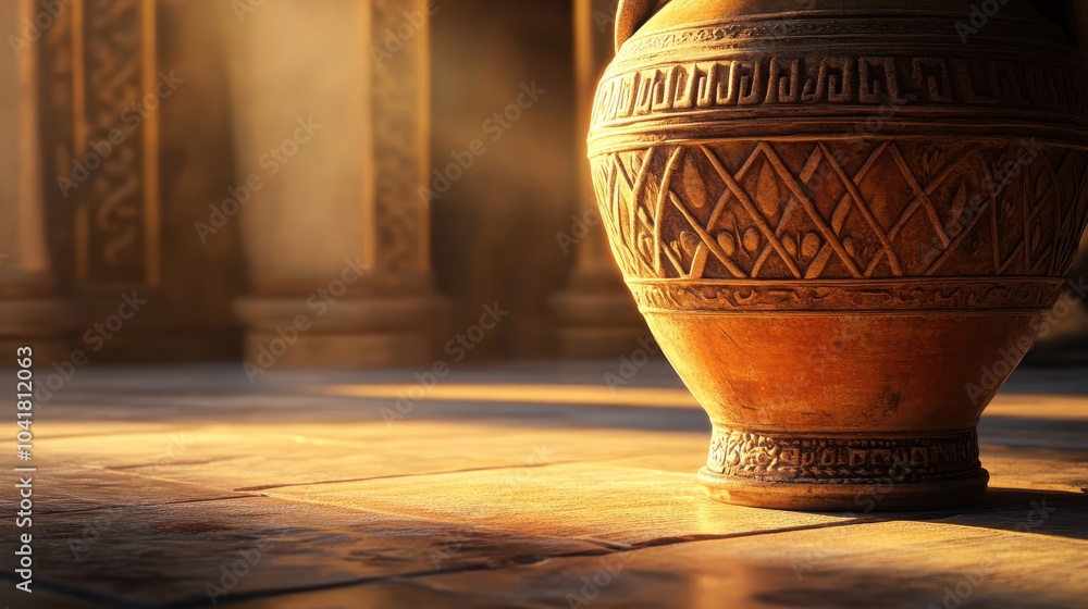 Foot of a Greek vase with intricate geometric designs captured in warm lighting Foot of a Greek vase with intricate geometric designs captured in warm lighting