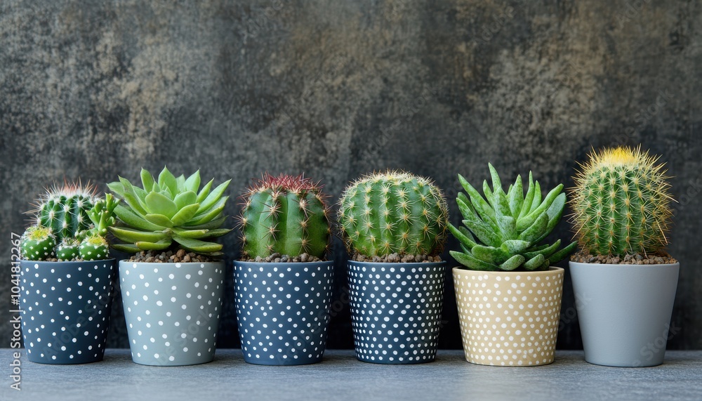 A row of vibrant potted cacti and succulents displayed on a rustic wooden surface A row of vibrant potted cacti and succulents displayed on a rustic wooden surface