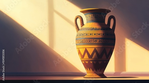 Tall Greek krater with layered geometric designs dramatic light and shadows photo