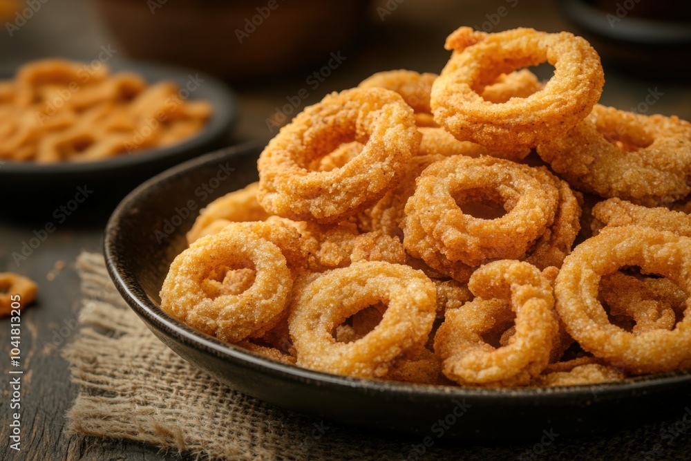 Crispy Fried Onion Rings on a Rustic Plate Crispy Fried Onion Rings on a Rustic Plate