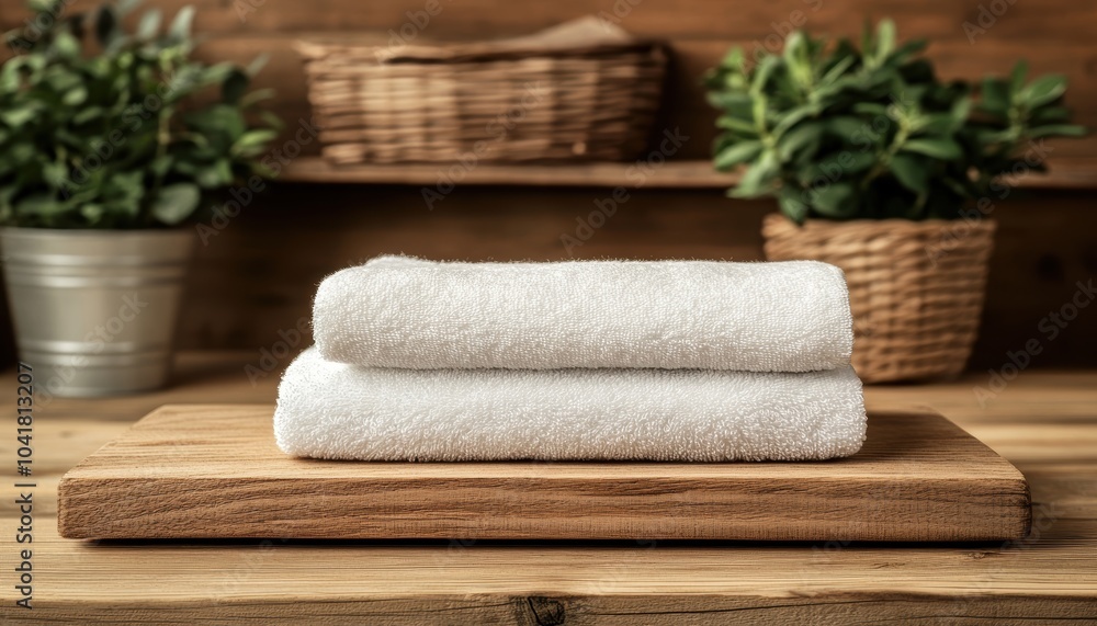 Soft white towels neatly stacked on a wooden board near green plants Soft white towels neatly stacked on a wooden board near green plants