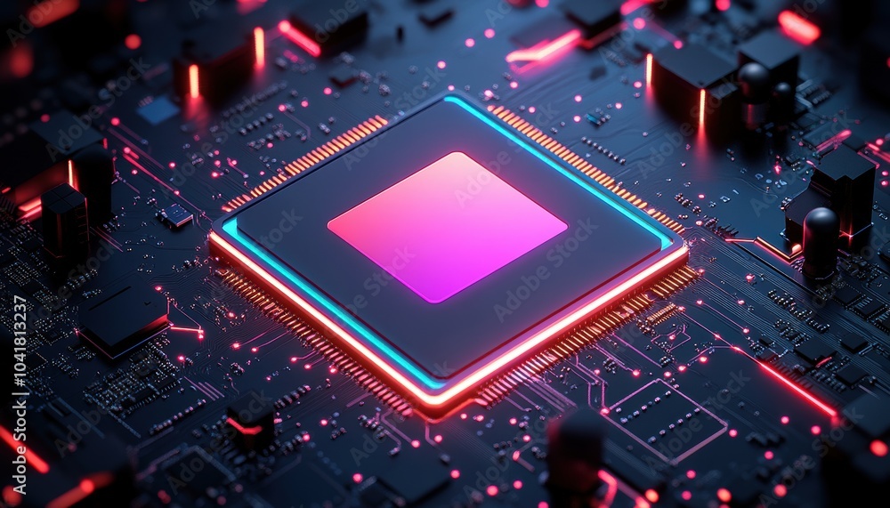 A futuristic circuit board illuminated with vibrant colors and a central chip A futuristic circuit board illuminated with vibrant colors and a central chip