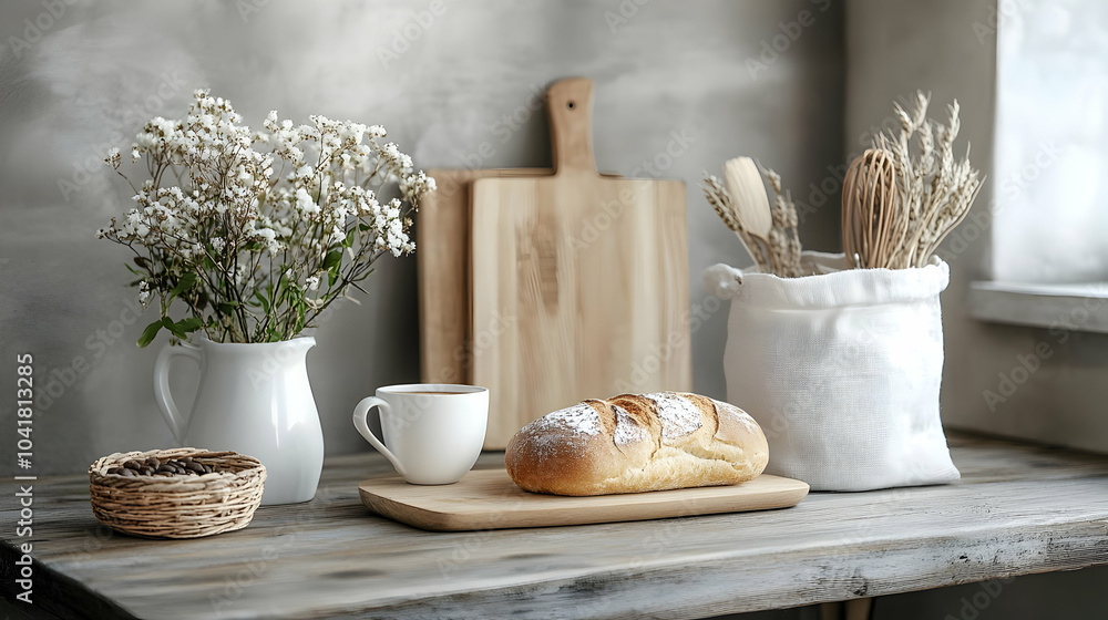 Rustic Kitchen Table with Bread, Coffee, and Flowers Rustic Kitchen Table with Bread, Coffee, and Flowers