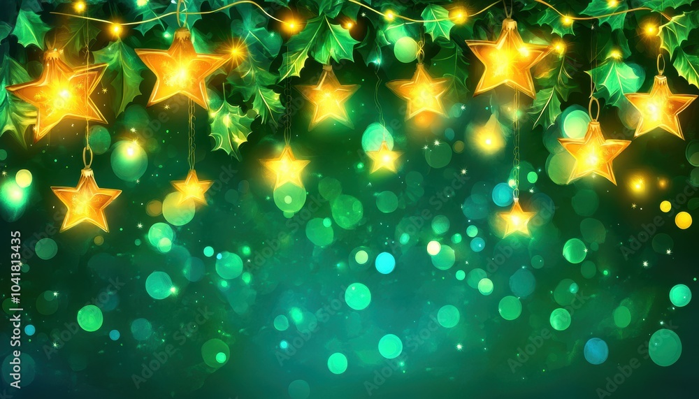 Golden stars adorn a bright green backdrop for the festive season Golden stars adorn a bright green backdrop for the festive season