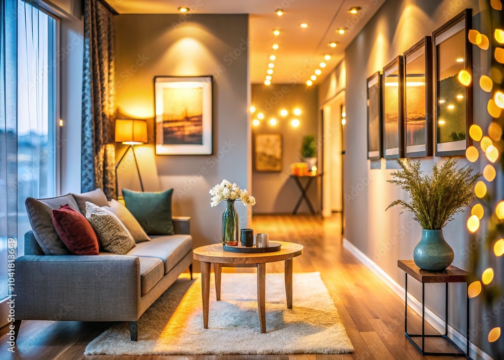 Fototapeta premium Cozy Apartment Entrance to Living Room with Bokeh Effect for Interior Design Inspiration