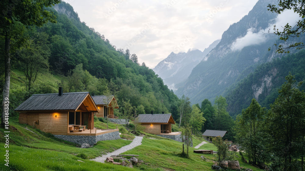 A holistic retreat in a remote mountainous location, with wooden cabins and a tranquil landscape, promoting natural healing and mindfulness A holistic retreat in a remote mountainous location, with wooden cabins and a tranquil landscape, promoting natural healing and mindfulness